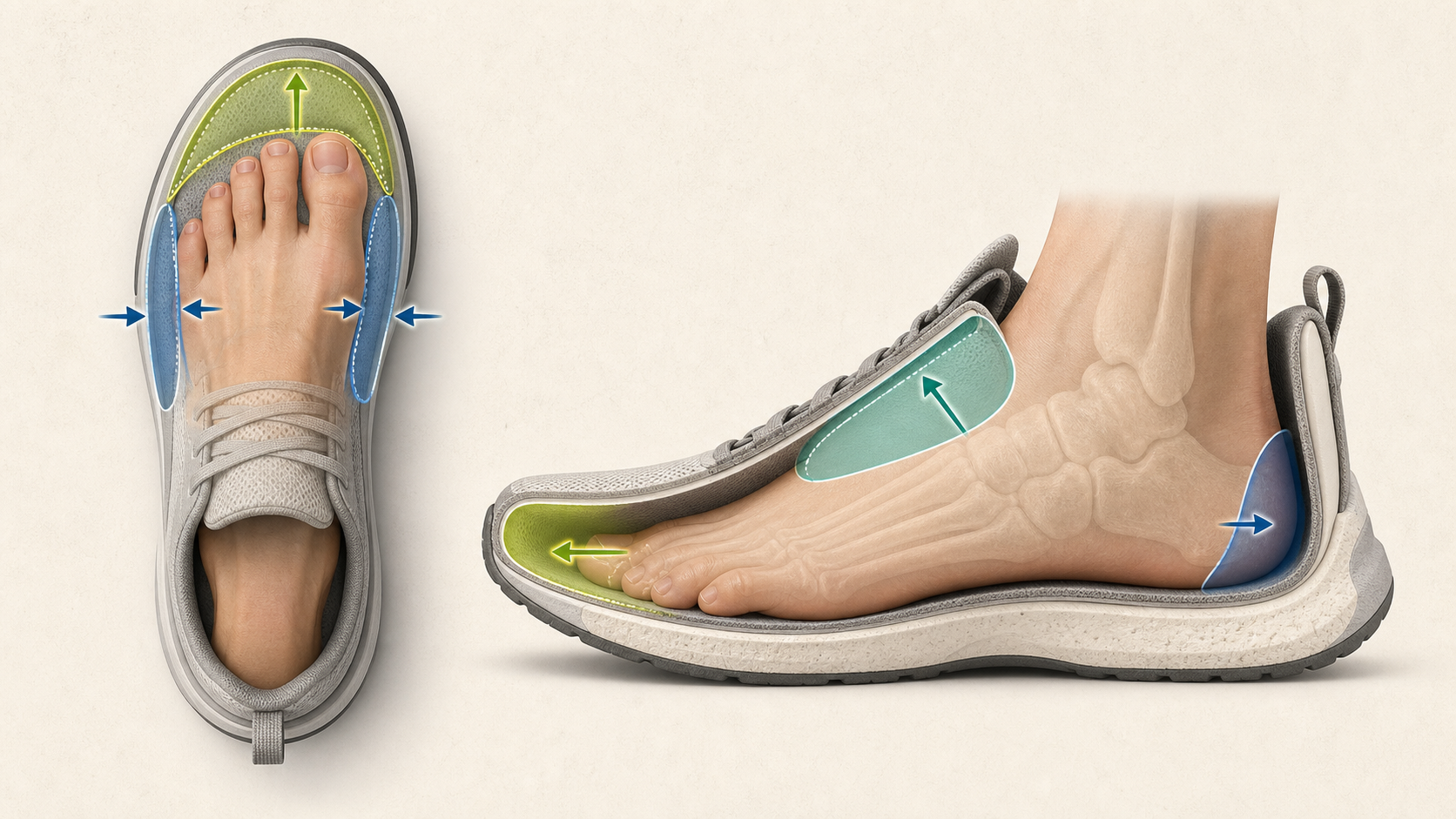 Redaktionelle Illustration zu Sneaker-Passform verstehen: Größe, Zehenraum, Material und Tragegefühl vor dem Kauf prüfen