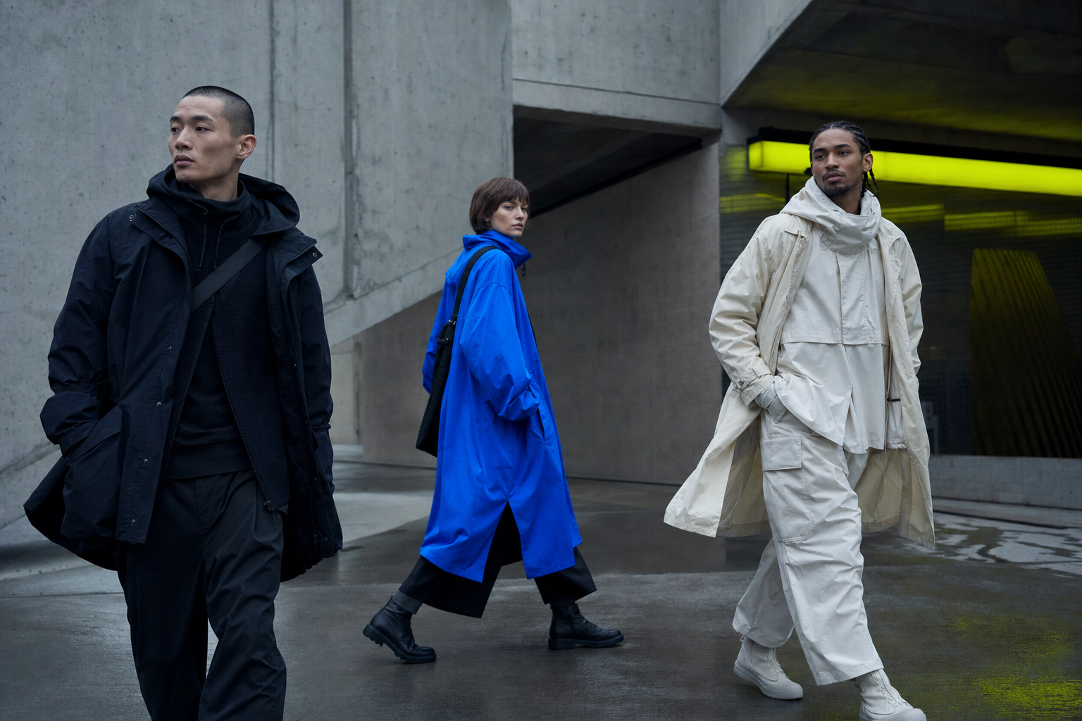 Drei Menschen in moderner Streetwear vor Berliner Betonarchitektur